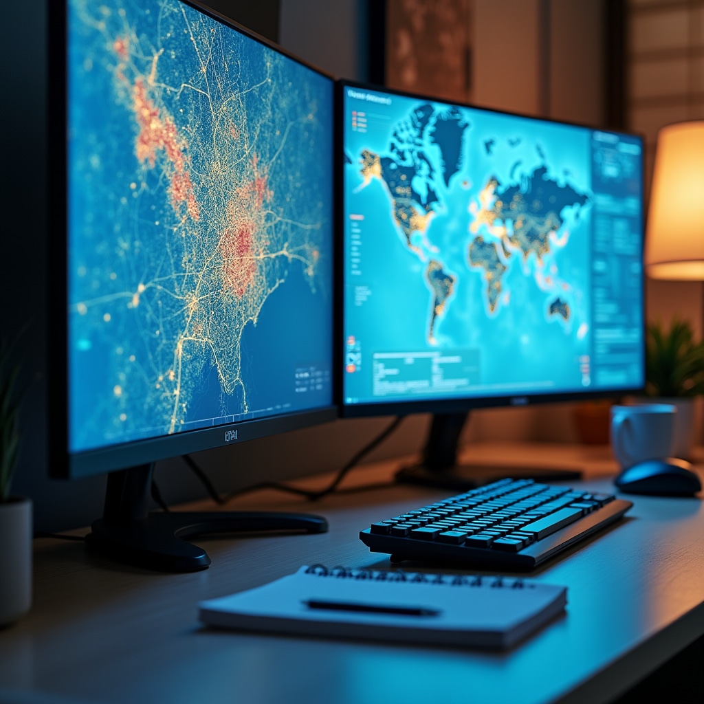Close-up of computer monitors displaying urban development data visualizations, demographic charts, and neighbourhood transformation maps in professional research environment
