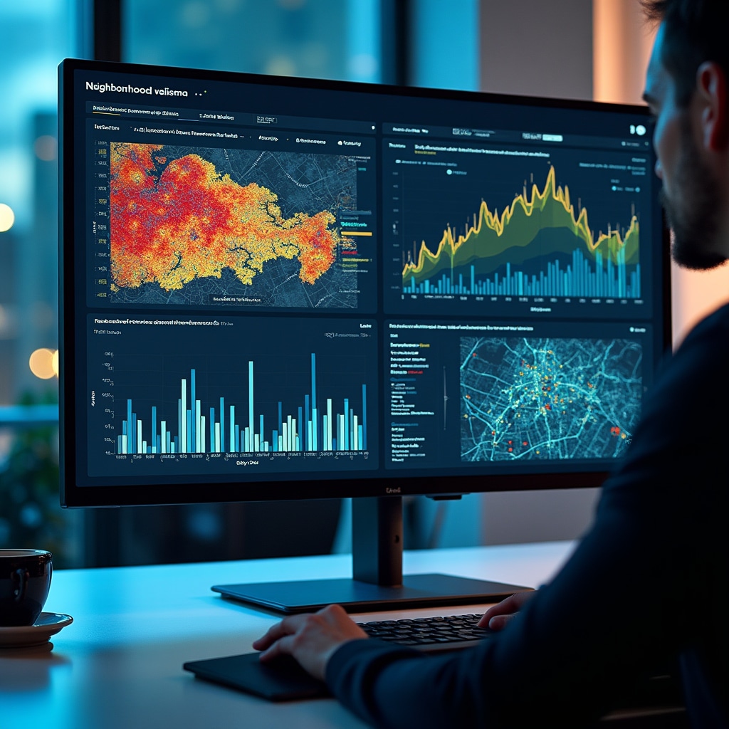 Large monitor displays showing interactive urban data dashboards with neighbourhood transformation heat maps, infrastructure investment timelines, and demographic shift visualizations in professional research setting