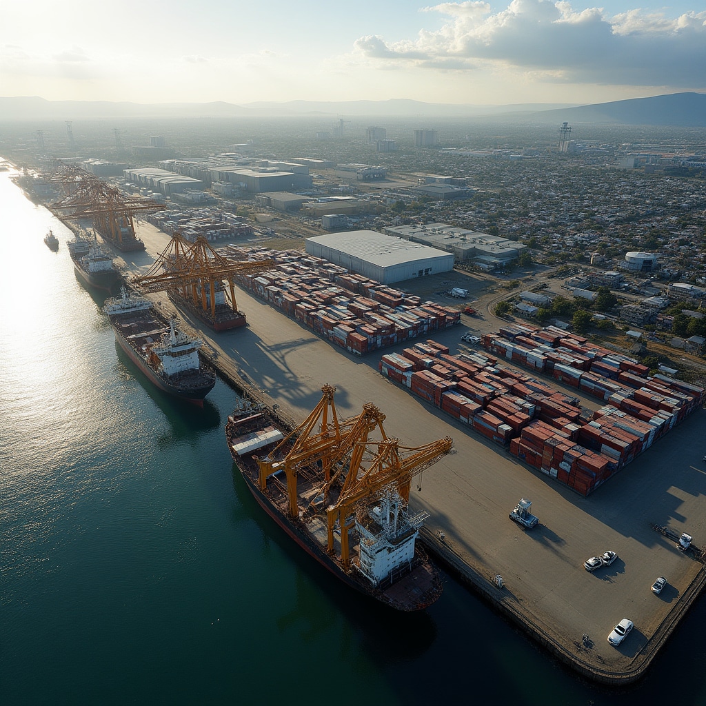 Itheku nezindawo zezimboni zaseNelson Mandela Bay ezibonisa izinsiza zetheku, izifunda zokukhiqiza izimoto, nezindawo zokuhlala eziseduze ezithola ukuguquka komnotho