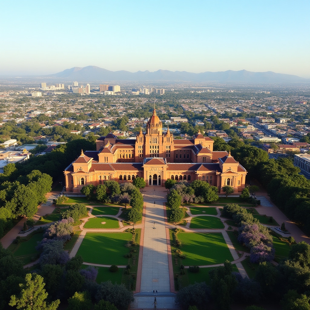 Isigodi sikahulumeni nesiphathimandla sasePitoli esibonisa indawo ye-Union Buildings, izindawo zamaminisitela, nezindawo eziseduze ezithola imithelela yokutshalwa kwemali yeziko
