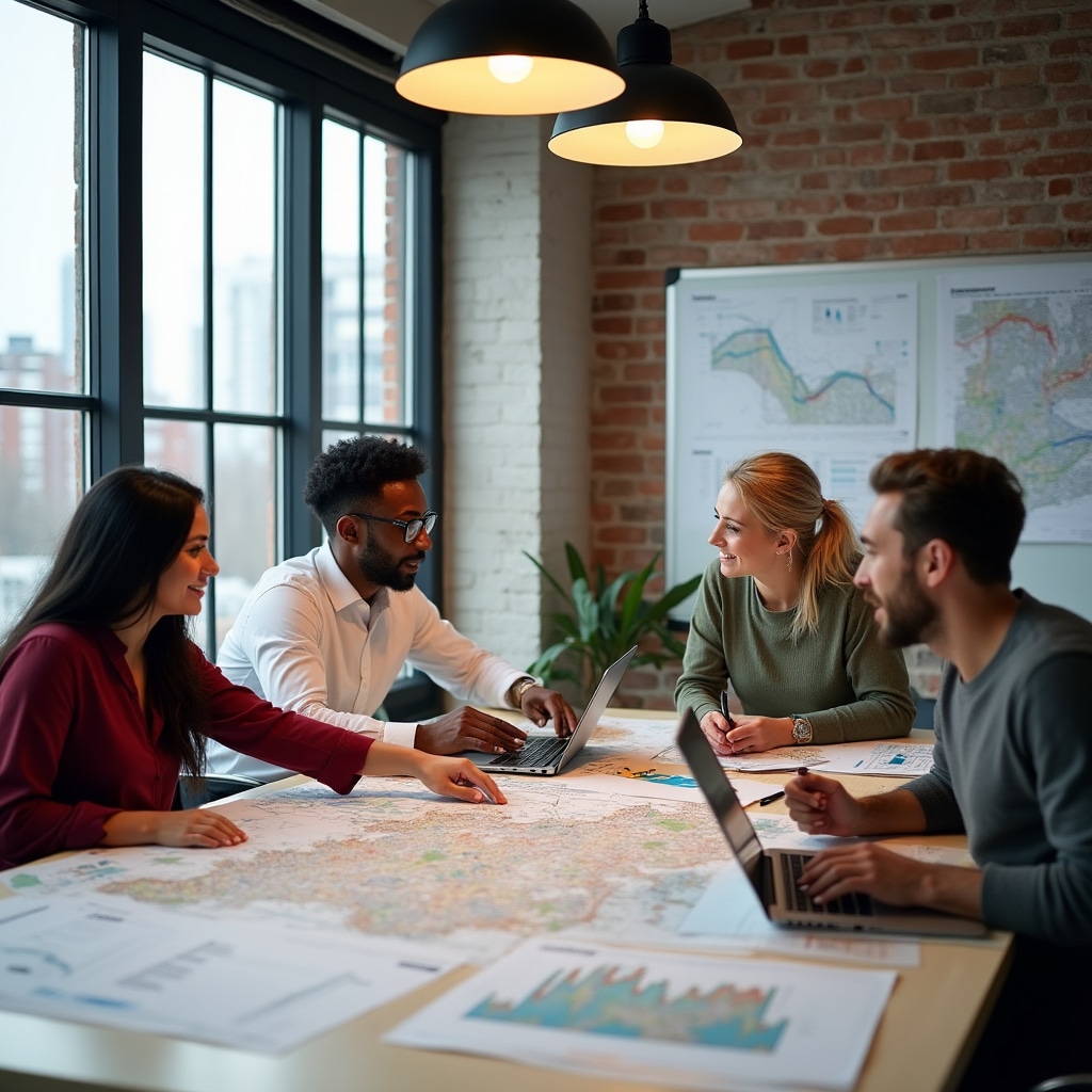 Diverse research team collaborating around table with neighbourhood development maps and data charts spread across workspace