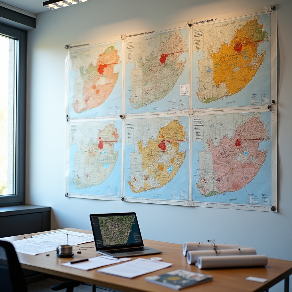 Wide shot of office wall covered with large-scale metropolitan area maps showing infrastructure development zones, transport corridors, and neighbourhood transformation indicators with color-coded overlays